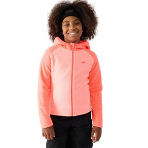 Dievčenská flisová mikina so zipsom 4F JUNIOR-FLEECE-JWAW24TFLEF208-64N-SALMON CORAL NEON